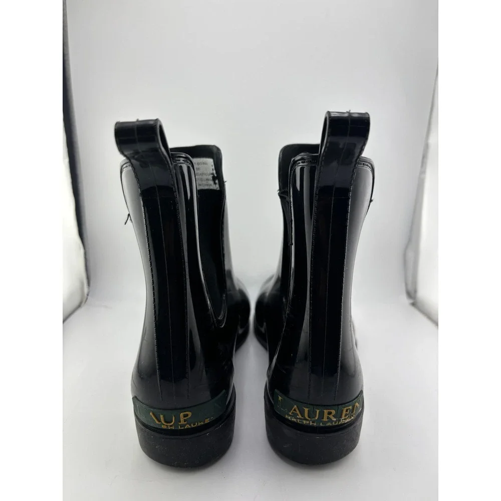 Lauren Ralph Lauren Tally Black Glossy Chelsea Rain Boots Womens 8B Waterproof